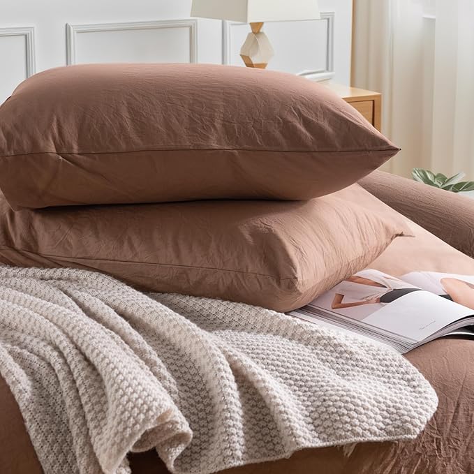 NEXHOME PRO Duvet Cover Set 100% Washed Cotton Oversized King 120"x98" Linen Feel Textured Organic Natural 3 Pieces Bedding Set Mocha Brown with Zipper Closure, Breathable(No Comforter)