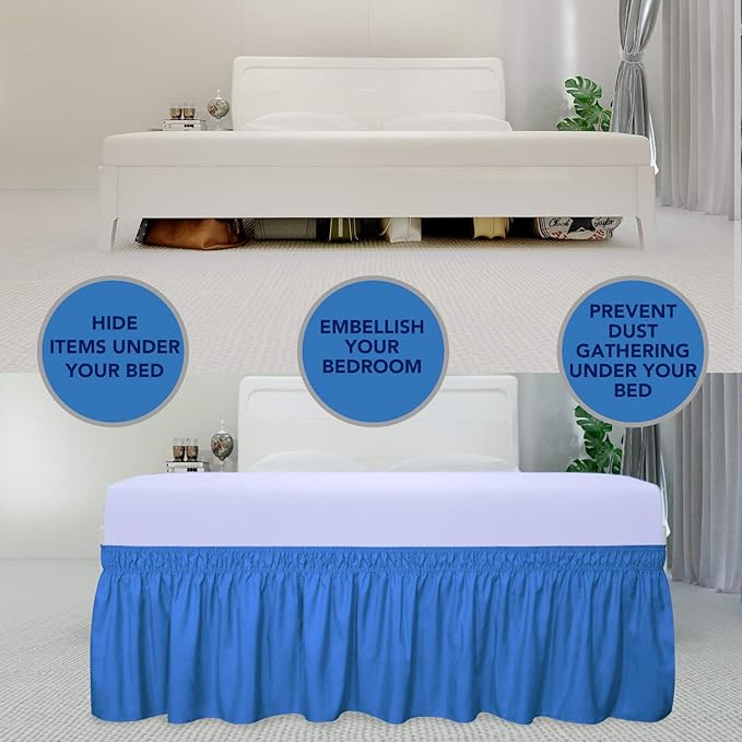 PureFit Wrap Around Ruffled Bed Skirt with Adjustable Elastic Belt - 18 Inch Drop Easy to Put On, Wrinkle Free Bedskirt Dust Ruffles, Bed Frame Cover for Queen, King and C-King Size Beds, Blue