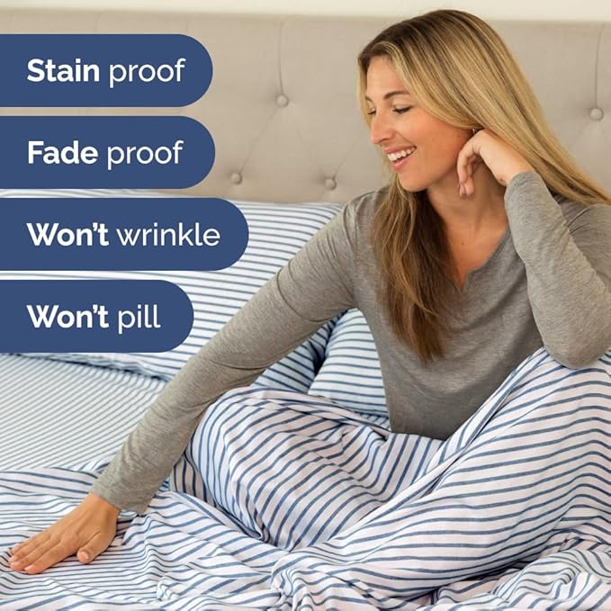 Flex Top Split Head King 4 Piece Sheet Set - Comfy Breathable & Cooling Bed Sheets Set - Hotel Luxury Bedding for Women, Men, Kids, Teens, Boys & Girls - Deep Pockets, Soft - Oeko-Tex - Blue Stripes