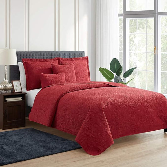Hearth & Harbor Quilts Queen Size - All Season Bedspread Coverlet Set, Pinsonic Weave Lightweight Bedding Set - 7 Piece Queen Quilt Set with Pillow Shams, Grid - Burgundy