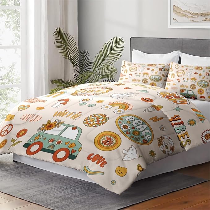 Queen Size Comforter Set with 2 Pillowcases, Retro 70S Funny Hippie Psychedelic Soft 3 Pcs Bedding Set for Kids and Adults Bedroom Bed Decor