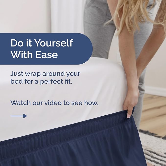 Wrap Around Dust Ruffle Bed Skirt - Navy Blue - for King Size Beds with 15 Inch Drop - Elastic Strap - Adjustable Pleated Bedskirt with Brushed Fabric and Wrinkle Free - for Women, Men, Kids & Teens