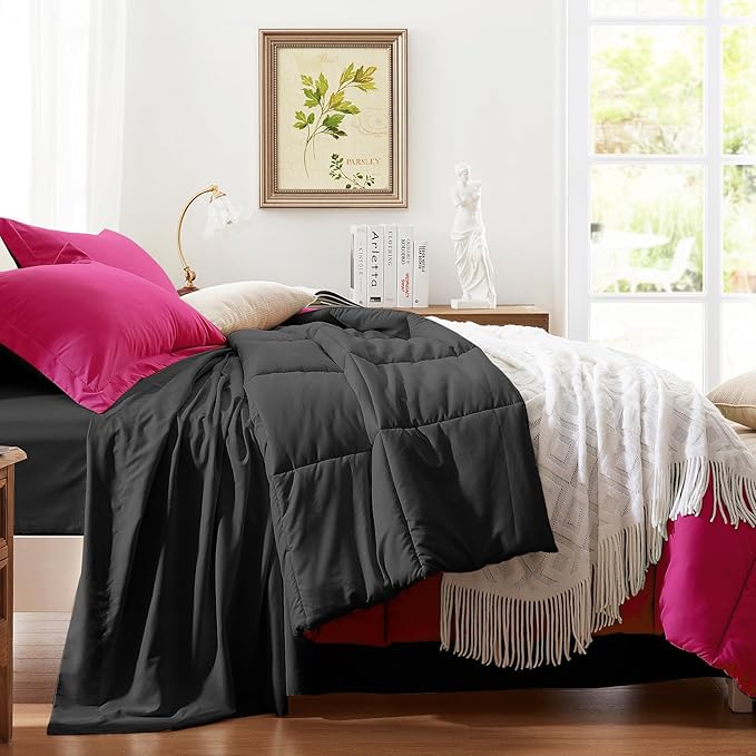 Anluoer Twin Comforter Set,Hot Pink&Black Bed in a Bag 5 Piece,Lightweight Bedding Set with Soft Down Alternative Fill,Bed Set Includes Comforter, Fitted Sheet, Flat Sheet,Pillowcase and Sham
