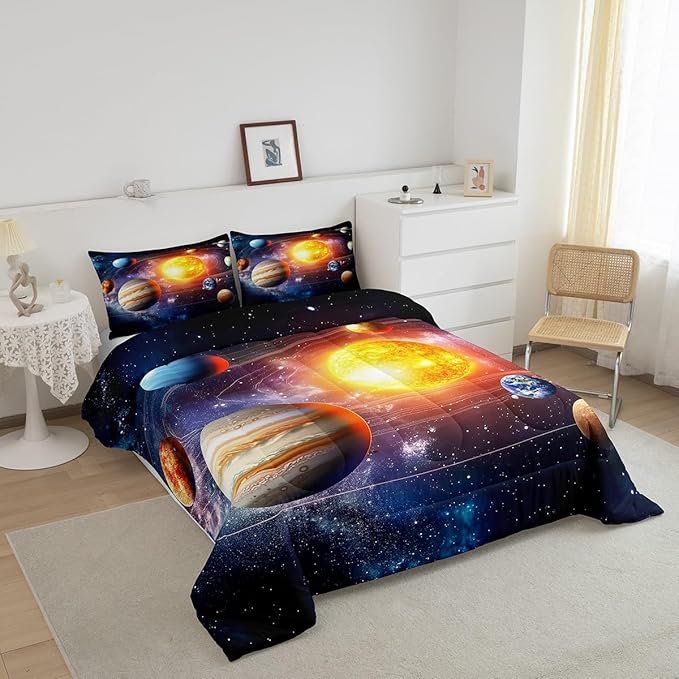 Erosebridal Solar System Bedding Set Queen Galaxy Space Comforter Set for Kids Boys Toddler Outer Space Room Decor Nebula Planets Orbit Comforter Celestial Universe Stars Quilt Duvet 2 Pillowcases