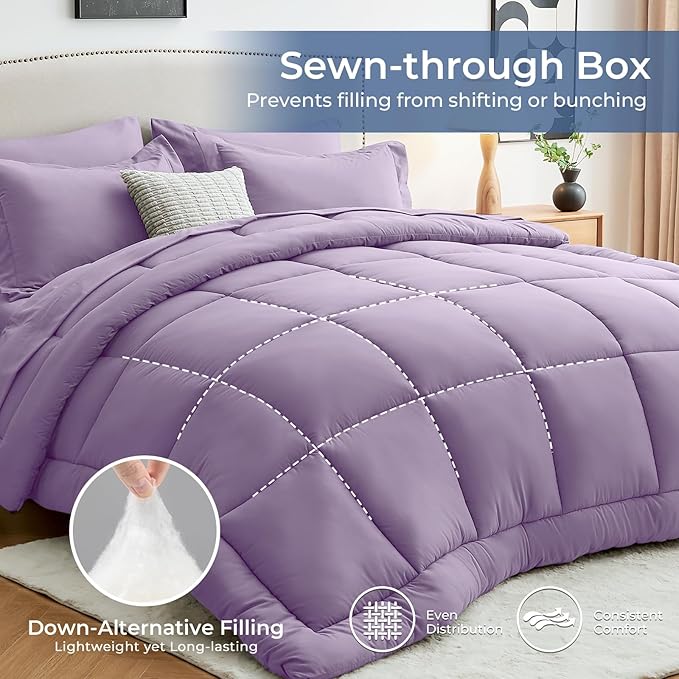 Sasttie King Size Comforter Set, 7 Pieces Bed in a Bag King, Complete Bedding Set Includes Comforter, Flat Sheet, Fitted Sheet, Pillowcases and Pillow Shams, Violet