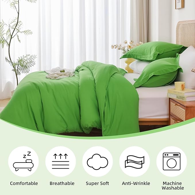 Whitney Home Textile Green Duvet Cover Set Queen Size - 3 Piece Luxury Soft Cooling Duvet Cover with Zipper Closure and Pillow Sham, Breathable Washed Brushed Microfiber, Comforter Not Included