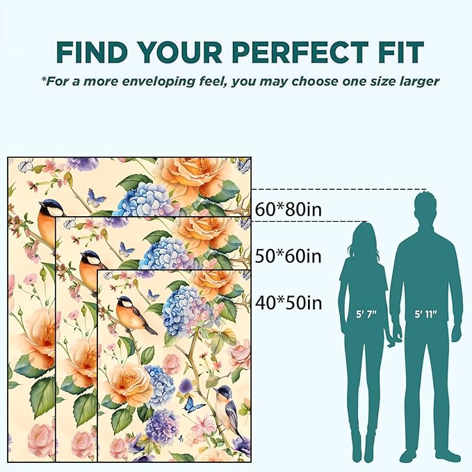 Bird and Butterfly Blanket Lightweight Blankets Gifts for Nature Lover Flannel Throw with Colorful Rose and Hydrangea Printed for Sofa, Bed, Travel, Picnic, Office, Decor Throws 50x40 Inch
