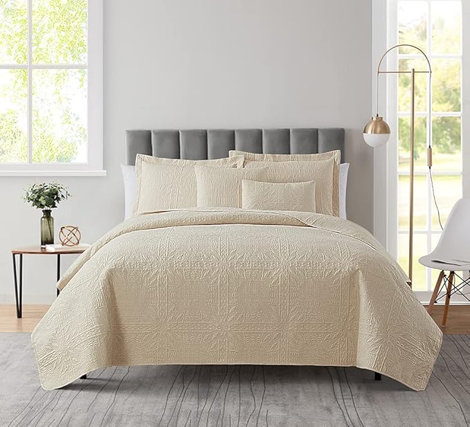 Hearth & Harbor Quilts Queen Size - All Season Bedspread Coverlet Set, Pinsonic Weave Lightweight Bedding Set - 7 Piece Queen Quilt Set with Pillow Shams, Grid - Cream
