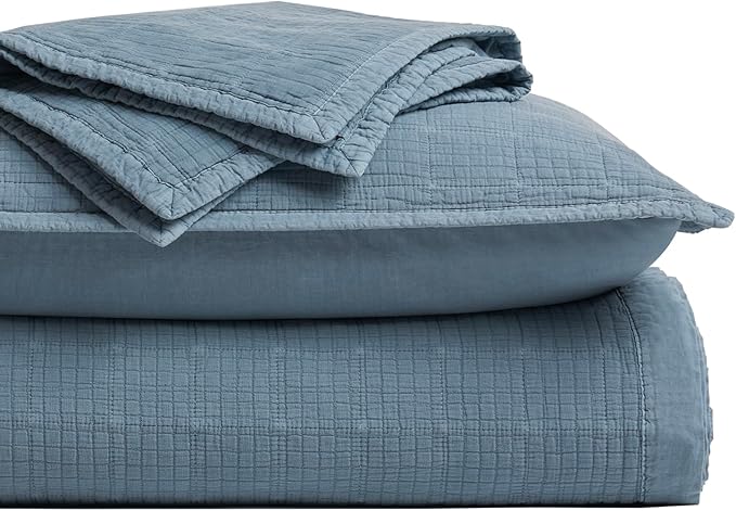 EVERGRACEHOME Stonewashed Cotton Quilt Set King Size, Ultra Soft Oversized Bedspread Coverlet Set, Lightweight Crinkle Box Stitch Bedding Sets for All Season, with 2 Shams, Sonoma Blue