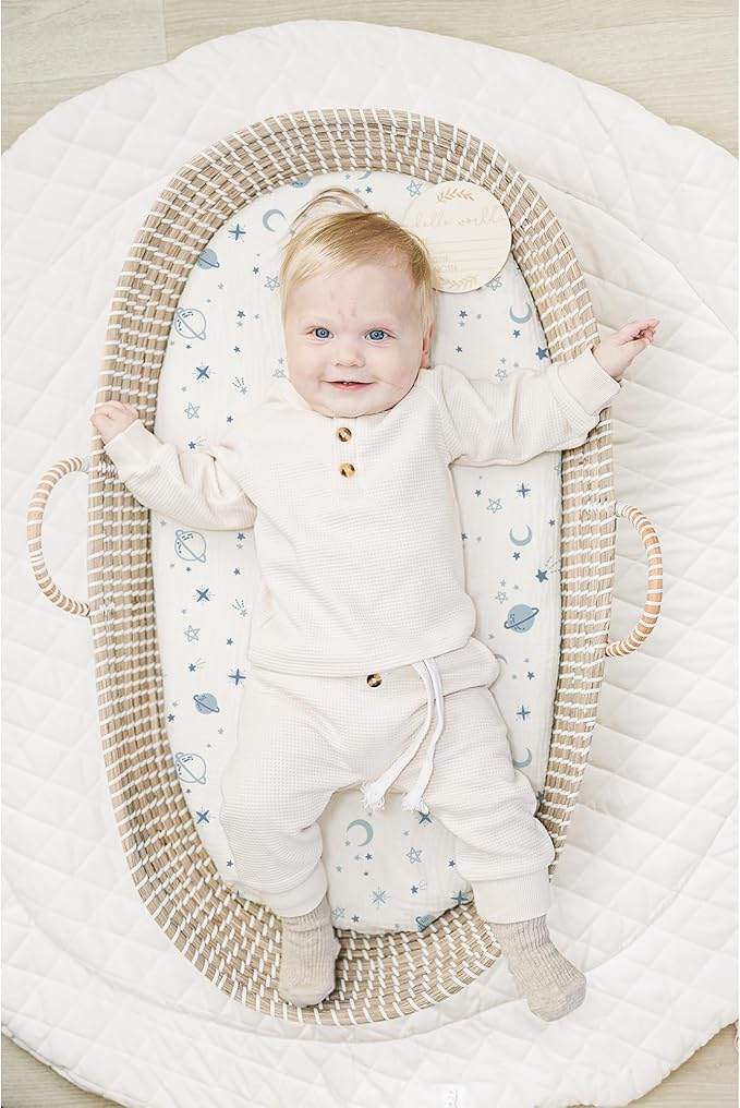 Konssy 2 Pack Muslin Bassinet Sheets for Boys, Girls, 100% Cotton Soft Breathable Fitted Bassinet Mattress Sheet, 32 x 16 inches (Star,Blue)