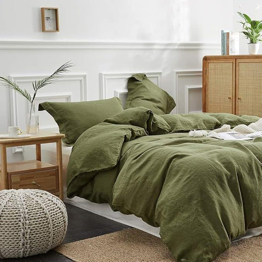 Simple&Opulence 100% Linen Duvet Cover Set, 3 PCS Olive Green Duvet Cover California King Size, Breathable Soft Comfy Linen Bedding Comforter Cover with 2 Pillowcases(Olive Green, 104"x98")