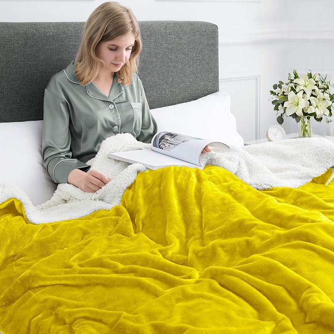 MOONLIGHT20015 Gold Sherpa Fleece Twin Blanket - (Ochre, 60X80 Inches) Warm and Fluffy Blankets for Winter - Reversible Thick and Cozy Twin Size Blankets for Bed, Camping and Travel