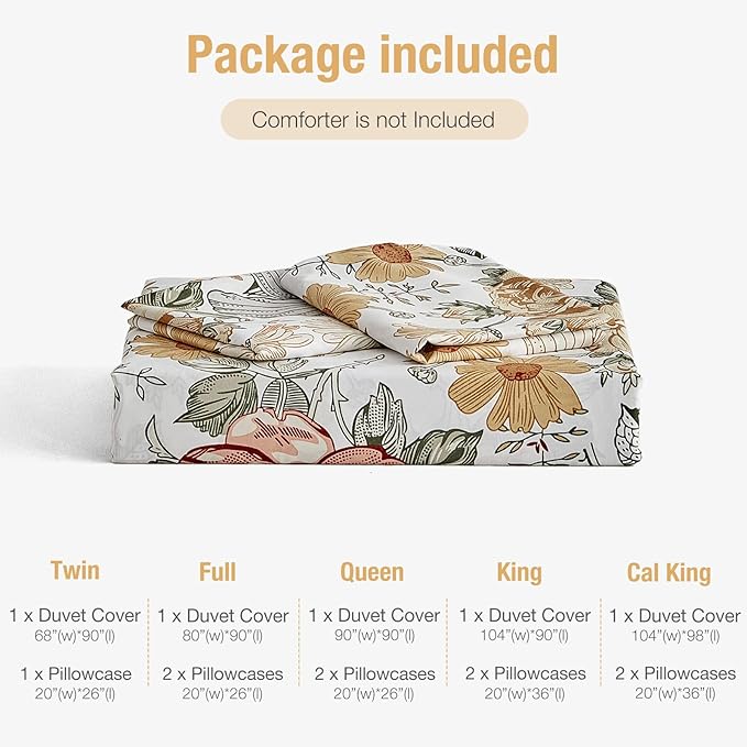 Lekesky Queen Duvet Cover Set, Reversible Vintage Flowers Print Comforter Cover Queen Size 3pc, Soft 100% Washed Microfiber Breathable Bedding Sets with Zipper Ties and 2 Pillowcases