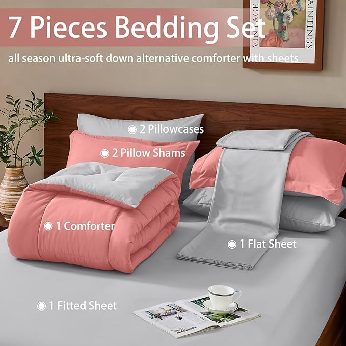 FUANNA Queen Comforter Set 7 Pieces, Reversible Bed in a Bag with All Season Soft Comforter, Bedding Sets Includes Comforter, Flat Sheet, Fitted Sheet, Pillowcases & Shams, Pink & Light Grey