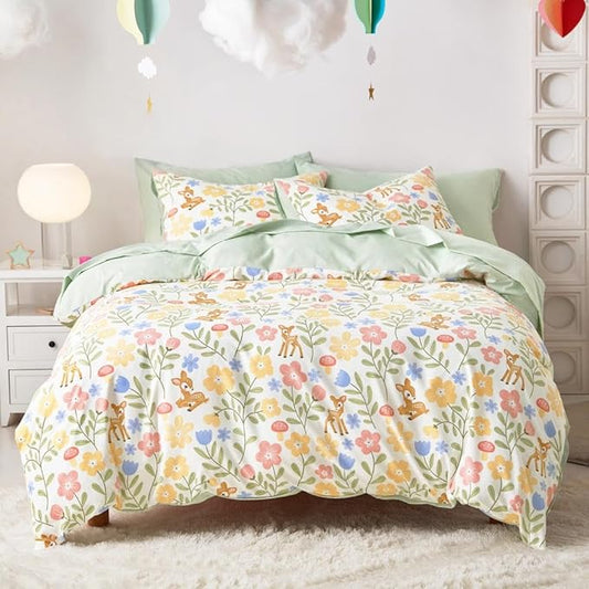 Wake In Cloud - Floral Bedding Set for Girls, Cute Colorful Botanical Flowers Deers Patterned Soft Lightweight Comforter Set with Sheets, 7 Pieces Kids Bed in a Bag, Green Cream, Full Size