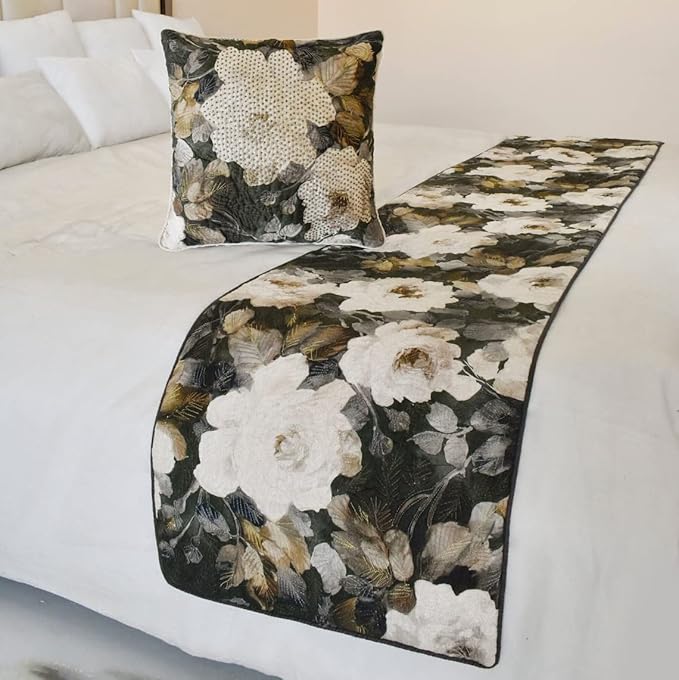 The HomeCentric King/Queen/Twin Gray & Brown Designer Full 68"x18" Bed Runner with Pillow Cover, Rose, Floral & Bead Embroidery Bed Scarf on Cotton Fabric - Rada