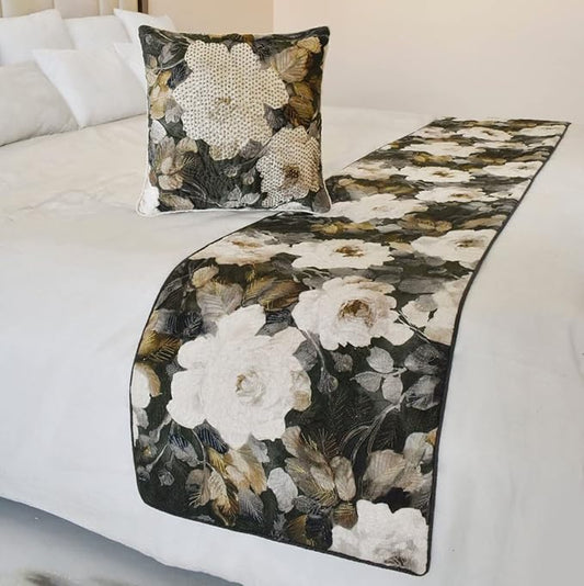 The HomeCentric King/Queen/Twin Gray & Brown Designer Twin 53"x18" Bed Runner with 2 Pillow Cover, Rose, Floral & Bead Embroidery Bed Scarf on Cotton Fabric - Rada