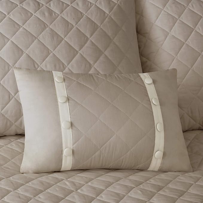 Madison Park Breanna 100% Cotton Fitted Bedspread Classic Traditional Design All Season, Lightweight, Bedding Set, Matching Shams, Queen(60" x80+24D), Diamond Quilted Khaki 4 Piece