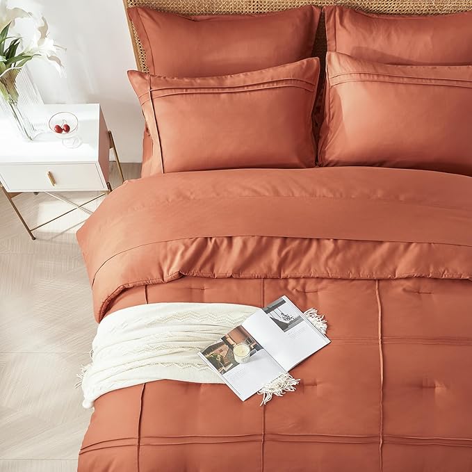 Yogeneg Twin Comforter Set 5 Piece Bed in a Bag,Grid Pinch Pleat Terracotta Bedding Set,Striped Textured Soft Microfiber Comforter with Sheet Set,All Season Complete Bed Set(Terracotta,Twin)
