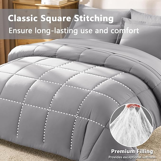 CozyLux Queen Comforter Set Grey - 7 Pieces Bed in a Bag Queen, All Season Breathable Bedding Sets, Oeko-Tex Certified Bed Set with Down Alternative Comforter, Sheets, Pillowcases & Pillow Shams