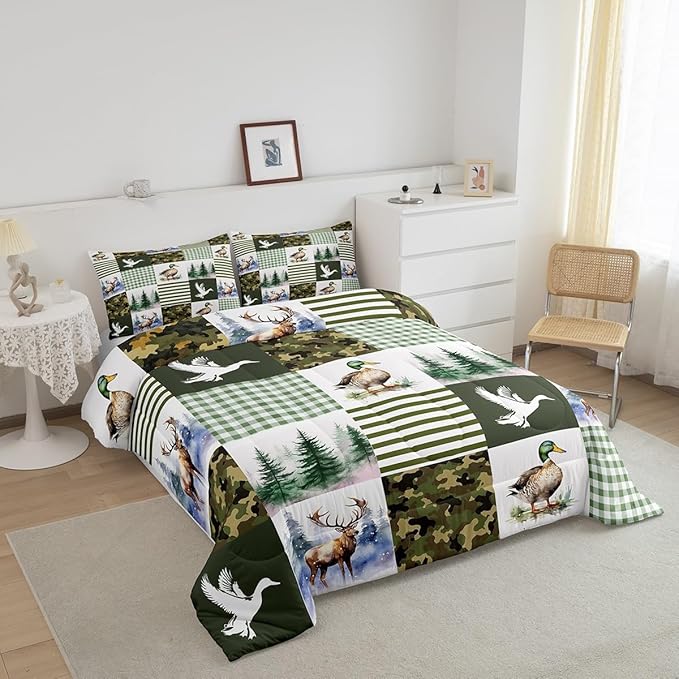 Feelyou Kids Mallard Duck Comforter Set Queen Size, Duck Hunting Bedding Set Green Duck Comforter for Boys Girls Deer Hunting Duvet Insert Bed Set 3Pcs