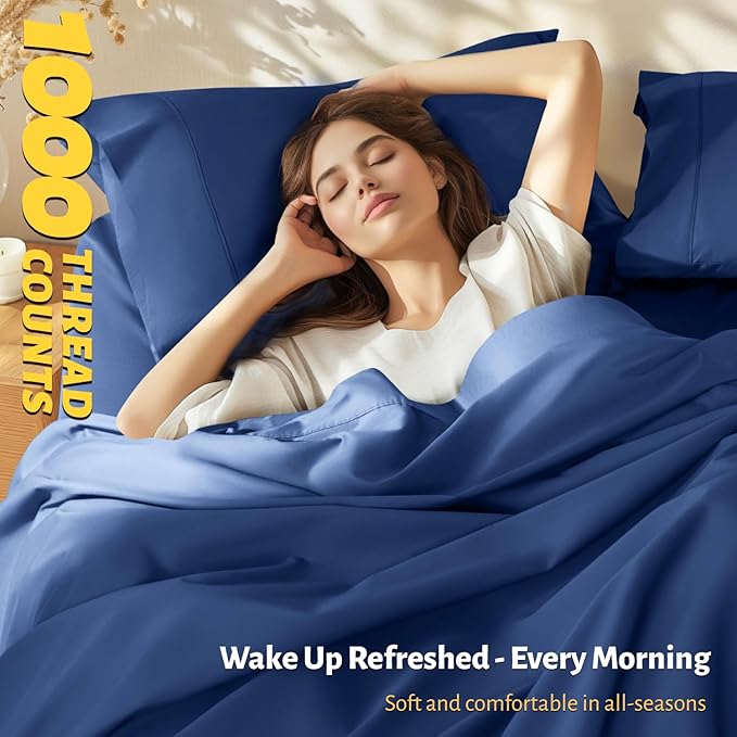 Shilucheng 100% Egyptian Cotton Sheets Set - 1000 Thread Count，Luxury Cotton Bed Sheets，Breathable & Cooling Bedding and Pillow Cases, 16 Inch Deep Pocket - 4 Piece (Navy Blue, Full)