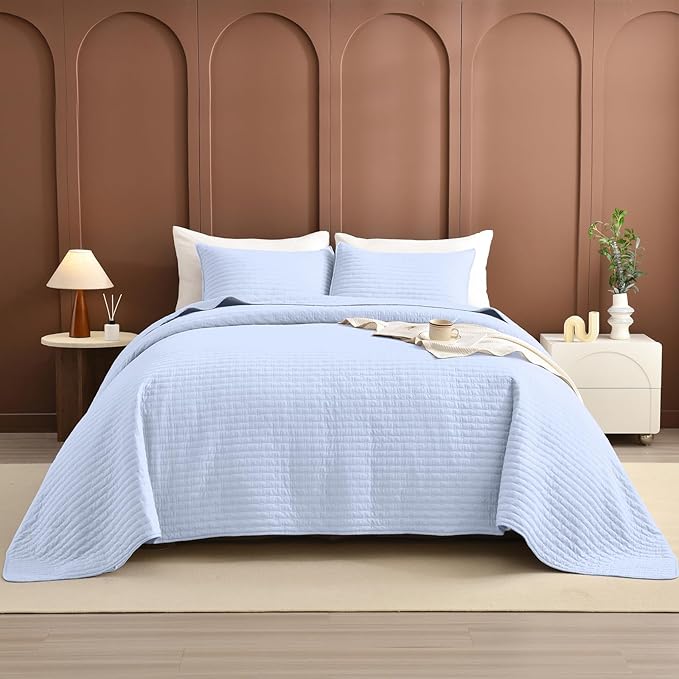 Lady Ann Light Blue Oversized Queen Bedspreads 100x106, Extra Large 3PCS Oversized Queen Quilt Set for Bed, Lightweight & Ultra-Soft Farmhouse Bedspreads & Coverlets