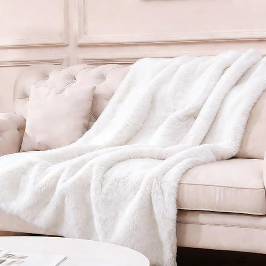 Faux Rabbit Fur Throw Blanket 880 GSM,Ultra Soft Thick Warm Bubble Plush, Reversible Throw for Couch Sofa Bed, Cozy Shaggy Blanket for Bedroom & Living Room(50"x60",White)