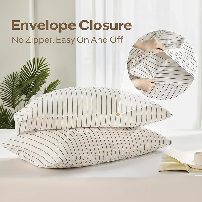 JELLYMONI Striped Duvet Cover Set - Queen Size 100% Cotton - 3PCS White & Grey Vertical Stripes Bedding - Hidden Zipper Closure & 8 Corner Ties - Breathable Comforter Cover for Bedroom