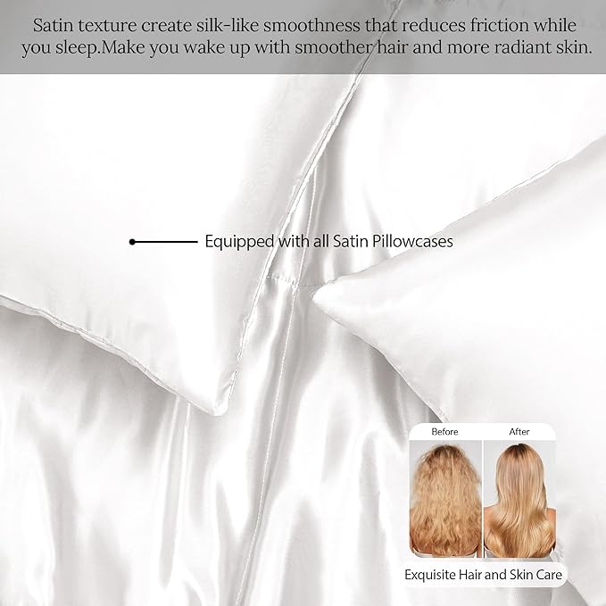 Whale Flotilla 3-Piece Reversible Silky Soft Queen Comforter Bedding Set, Luxurious Satin Comforters Full Size with 2 Satin Pillowcases, Lightweight Duvet for All Seasons, White