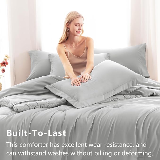 CozyLux King Size Comforter Set Light Grey, 7 Pieces Bed in a Bag King Comforter Set with Sheets, Bedding Set with Down Alternative Comforter, Fitted Sheet, Flat Sheet, Pillow Shams and Pillowcases