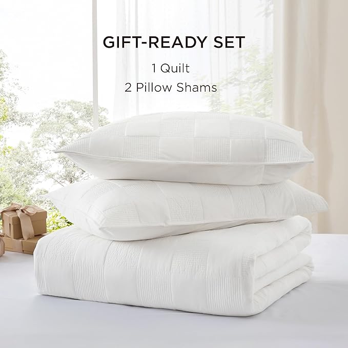 Bedsure 100% Cotton Quilt Set - Lightweight King Bedspread, Cozy White Bedding Coverlet 3-Piece with Pillow Shams in Checker Pattern for All Season, 106x96 inches, 100% Cotton Voile