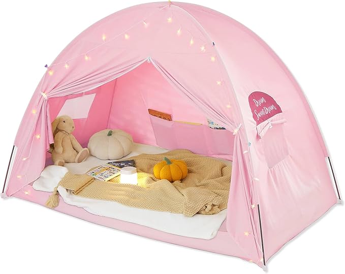 Twin Bed Tent for Girls, Indoor Blackout Sleeping Tent with Dreamy Canopy, Breathable Privacy Bunk Beds, Ideal for Drafty Rooms or Cottage-Style Spaces, Pink