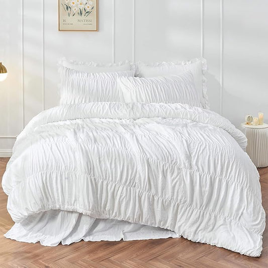 Bonlino King Size Fluffy 3 Piece Ruffle Comforter Set with Pillow in White - Soft and Luxury Boho Shabby Chic Bedroom Comforter