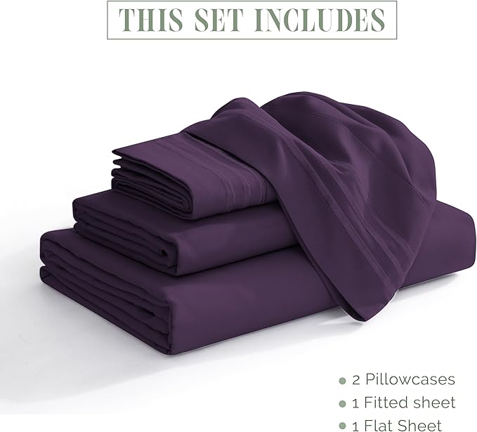 Elegant Comfort Luxurious 1500 Premium Hotel Quality Microfiber 4-Piece Sheet Set, 18-24 Inches Deep - Extra Deep Pocket Sheets - Ultra Soft 4PC Deep Pocket Sheets, Twin/Twin XL, Eggplant-Purple