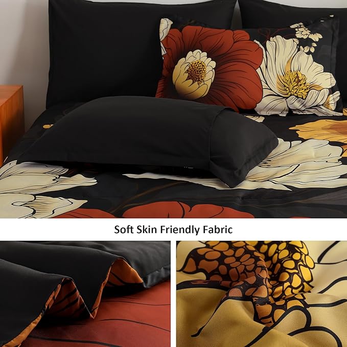 Xruibed Black Floral Comforter Set Queen Size 7 Pieces Bed in a Bag Flower Bedding Sets Lightweight Boho Bed Set with Sheet,Pillowcases&Shams for All Season