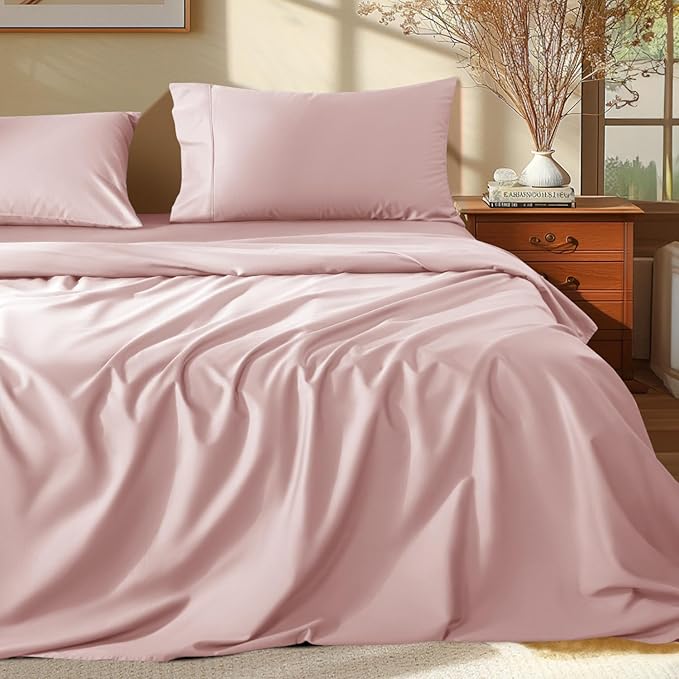 Shilucheng 100% Egyptian Cotton King Size Sheets Set - 1000 Thread Count，Luxury Cotton Bed Sheets，Breathable & Cooling Bedding and Pillow Cases, 16 Inch Deep Pocket - 4 Piece (Pink, King)