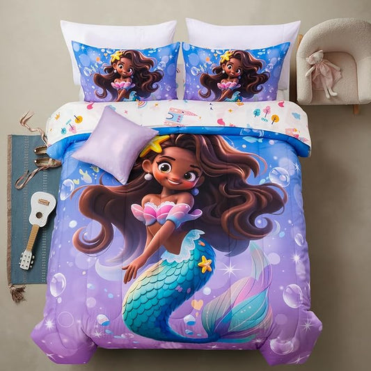 A Nice Night Mermaid Wearing Starfish Hair Accessory Queen Comforter Set for Girls, Ocean Theme Queen 6-Piece Bed in a Bag with Sheet Set & Pillowcases