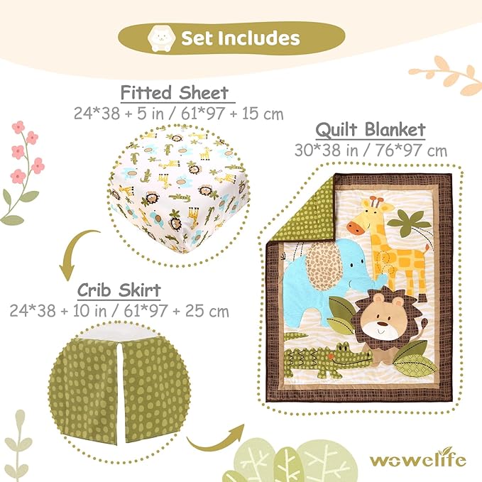 Wowelife Safari Crib Bedding Set, Mini Crib Bedding Set Boy 3-Piece Mini Crib Comforter Set, Nursery Bedding Sets for Boys Include Crib Comforter, Skirt and Sheet, Brown
