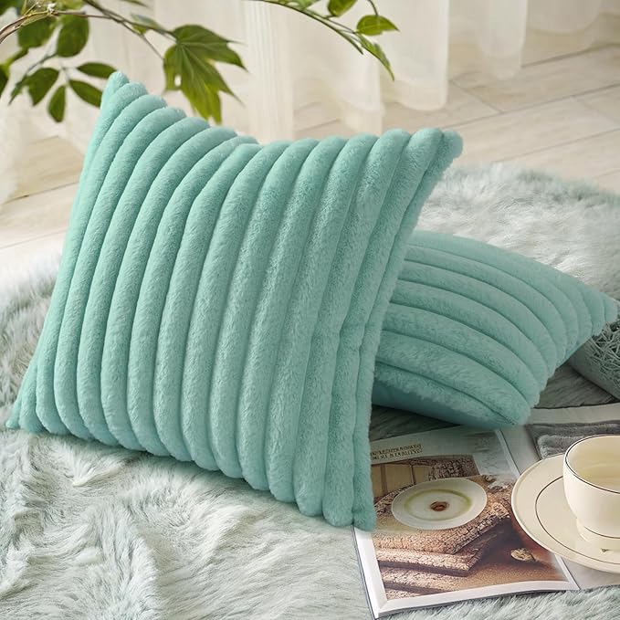 decorUhome Cozy Faux Fur Spring Throw Pillow Covers 18x18 Set of 2 Decorative Soft Plush Striped Modern Farmhouse Boho Couch Pillow Cases with Velvet Back for Sofa Bed Living Room, Aqua