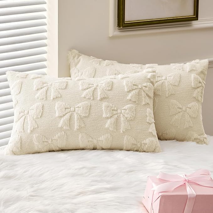MIULEE Cream White Bow Pillow Covers Coquette Room Decor Aesthetic Set of 2 Decorative Cute Girl Vlentine Pillow Covers Spring Soft Plush Faux Pillowcase for Preppy Room Decor Bedroom Couch,12x20 Inch