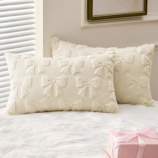MIULEE Cream White Bow Pillow Covers Coquette Room Decor Aesthetic Set of 2 Decorative Cute Girl Vlentine Pillow Covers Spring Soft Plush Faux Pillowcase for Preppy Room Decor Bedroom Couch,12x20 Inch