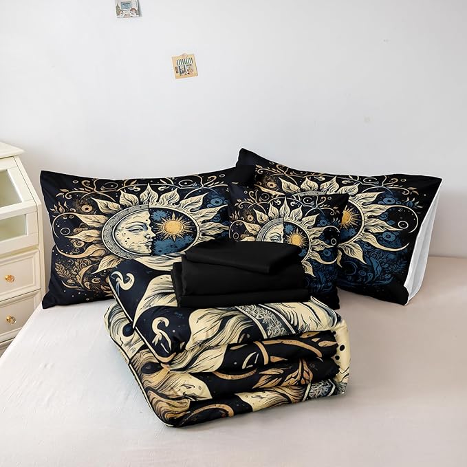 Sun and Moon Comforter Set Black Boho Bedding Set Celestial Galaxy Starry Space Bedding Comforter Mandala Exotic Black Bed in A Bag Queen Size