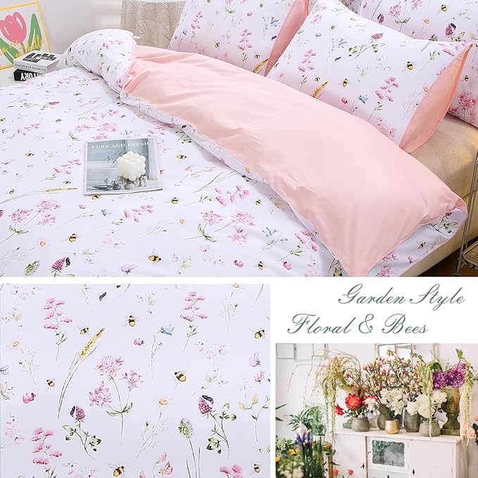 URBONUR Pink Floral Duvet Cover Set Full Size 3 Piece Romantic Garden Flowers Cute Bees Print Bedding Set for Girls Women, Full Comforter Cover with Button Closure