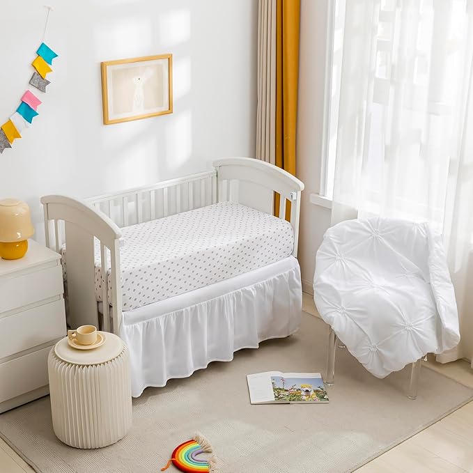 PINNKKU 3-Piece Crib Bedding Set for Boy Girls, Includes Crib Skirt, Blanket and Sheet, Baby Bedding, Pintuck Pinch Pleat White