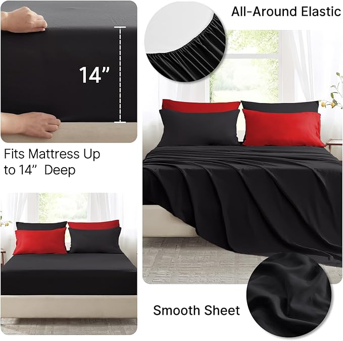 Anluoer Queen Comforter Set -7 Pieces Bed in a Bag Queen Size, Reversible Bed Set with 1 Comforter(88"*88"), 2 Pillow Shams, 2 Pillowcases, 1 Flat Sheet, 1 Fitted Sheet, Red & Black