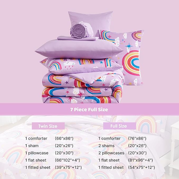 Full Kids Comforter Set - 7 Pieces Full Bedding Sets for Girls Teen, Glow in The Dark Purple Rainbow Bed in A Bag with Sheets