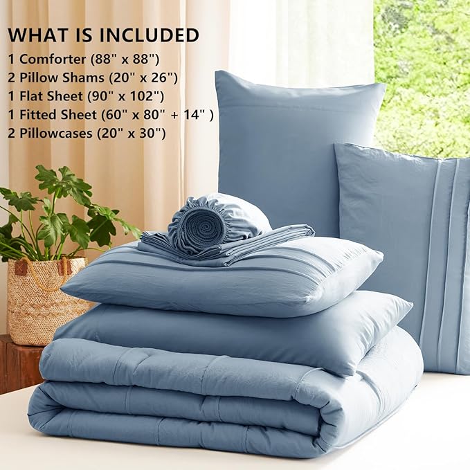 CozyLux Queen Comforter Set Grayish Blue, 7 Pieces Soft Pinch Pleat Bed in a Bag Queen Comforter Set with Sheets, Boho Bed Set with Down Alternative Comforter, Sheets, Pillowcases & Shams