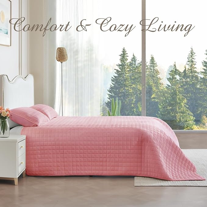 Luxury Velvet Quilt Set Queen Size, Comforter Set with Pillow Shams, Soft Lightweight Bedspread Coverlet Bedding Sets for All Seasons, Rose Pink