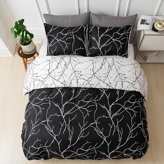 Lekesky Reversible Duvet Cover Queen Size, Black Branch Comforter Cover Queen 3pcs Microfiber Botanical Bedding Set with Zipper Closure Corner Ties